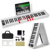 Portable white folding keyboard piano with 61 keys, Bluetooth, and illuminated keys.