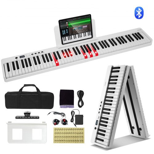 White 88-key foldable portable piano keyboard with Bluetooth MIDI, tablet stand, and accessories.