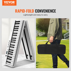 White 88-key foldable portable piano keyboard with Bluetooth MIDI, shown folded and carried in a case by a man outdoors.