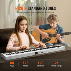White 88-key foldable portable piano keyboard with Bluetooth MIDI, displayed with a girl and boy playing.