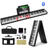Portable black folding piano keyboard with 88 keys and Bluetooth MIDI connectivity.