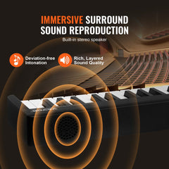 A black 88-key folding piano keyboard with built-in stereo speakers.