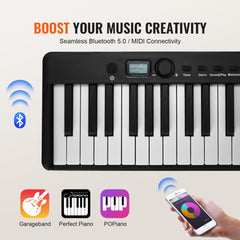 A black 88-key folding piano keyboard with Bluetooth connectivity and app integration.
