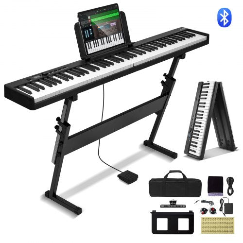 Foldable 88-key Bluetooth MIDI keyboard piano on adjustable stand with tablet, pedal, and accessories.