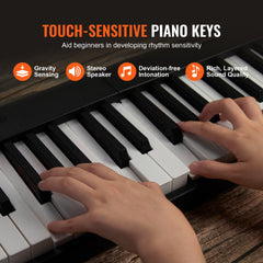 A child's hands playing the black and white keys of an 88-key digital piano keyboard on a wooden surface.