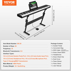 88-key foldable Bluetooth MIDI keyboard piano with adjustable stand, sustain pedal, and music sheet stand.