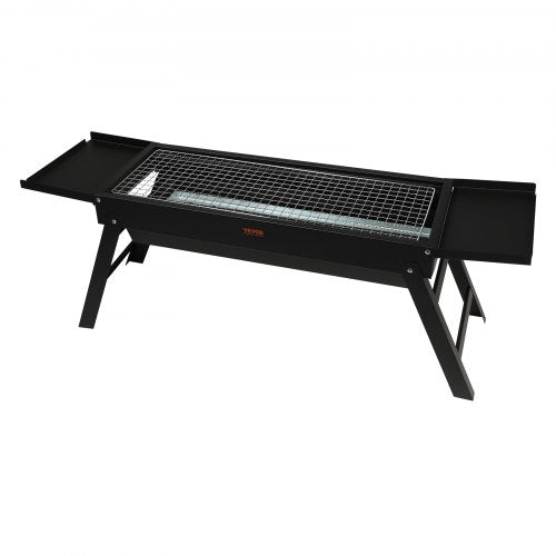 Black 23-inch portable foldable charcoal grill made of steel, with fold-out legs and trays.