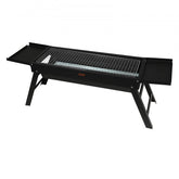 Black 23-inch portable foldable charcoal grill made of steel, with fold-out legs and trays.