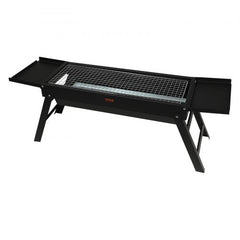 Black 23-inch portable foldable charcoal grill made of steel, with fold-out legs and trays.