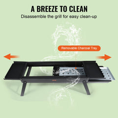 Black steel portable charcoal grill with removable tray and foldable legs.