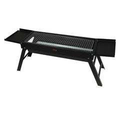 Black steel 23-inch portable foldable charcoal grill with fold-out trays and grate.