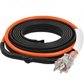 A 12-foot self-regulating pipe heating cable with black and orange insulation and a clear plug.