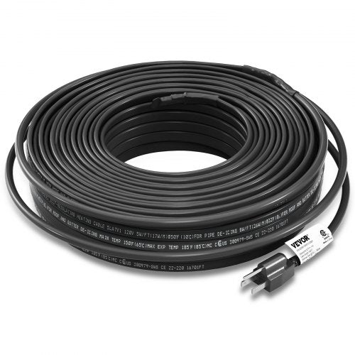 A coiled 140-foot Bostome self-regulating pipe heating cable with 5W/ft rating and 120V plug.