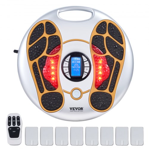 Silver circular foot stimulator with EMS/TENS pads, red lights, digital display, and remote.