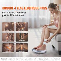 Bostome EMS & TENS foot circulation stimulator with 25 modes, 99 intensity levels, and 4 electrode pads for full-body pain relief.
