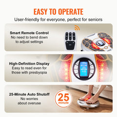 Bostome EMS and TENS foot circulation stimulator with remote control, high-definition display, and 25-minute auto-shutoff.