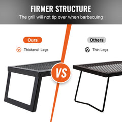 Comparison of a stable Bostome campfire grill with thick legs versus an unstable one with thin legs that may tip over.
