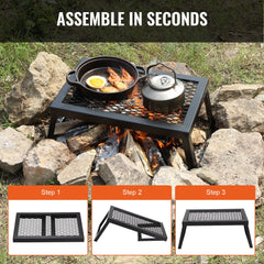 Folding 18-inch campfire grill with steel mesh grate over fire, shown assembled and in folding steps.