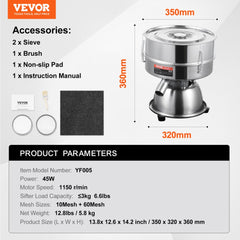 Bostome Electric Vibrating Sieve Machine with 10 and 60 mesh stainless steel sieves.