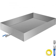 A rectangular stainless steel evaporator pan with a spigot on the left side.