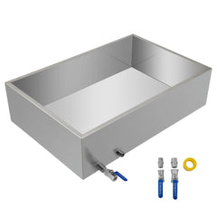 Stainless steel evaporator pan with valve, measuring 36x24x9.5 inches, for maple syrup production.