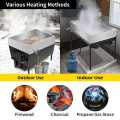 Stainless steel evaporator pan with a mirror finish and a 3/4-inch throttle valve.