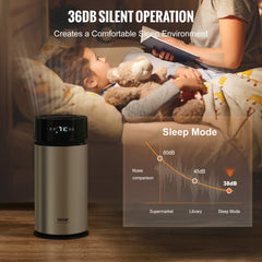 Silver Bostome 10L evaporative humidifier on a table, with a sleeping child and noise comparison chart.