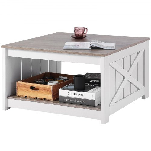 31.5-inch gray white farmhouse coffee table with open storage shelves and X-braced legs.