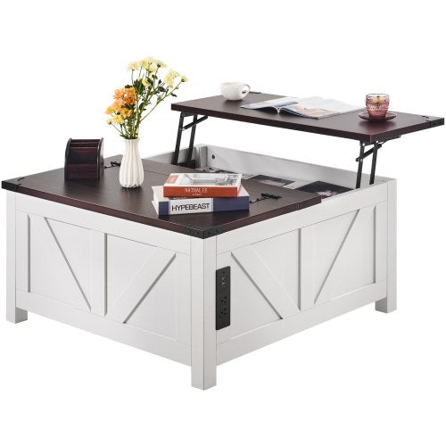 Bostome Farmhouse lift-top coffee table with power strip and hidden storage in a 36" square design.