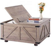 Beige square farmhouse coffee table with hinged storage lid open, 36 inches wide.