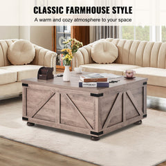 Beige square farmhouse coffee table with hinged storage top and wooden legs.