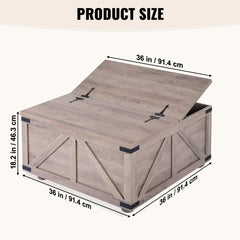 Beige farmhouse coffee table with hinged top and square storage, measuring 36 inches.