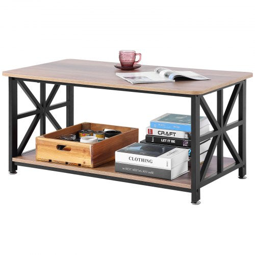 A 40-inch rectangular farmhouse coffee table with open wood shelves and black metal X-frame legs.