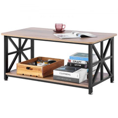 A 40-inch rectangular farmhouse coffee table with open wood shelves and black metal X-frame legs.