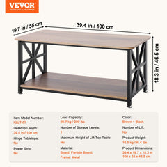 A rectangular 40-inch farmhouse coffee table with open storage shelf, brown particle board top, and black metal frame.
