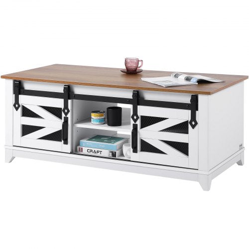 Bostome Farmhouse coffee table with two tiers and sliding barn doors in natural wood finish.