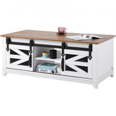 Bostome Farmhouse coffee table with two tiers and sliding barn doors in natural wood finish.