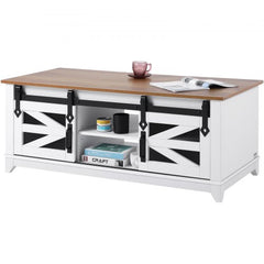 Bostome Farmhouse coffee table with two tiers and sliding barn doors in natural wood finish.