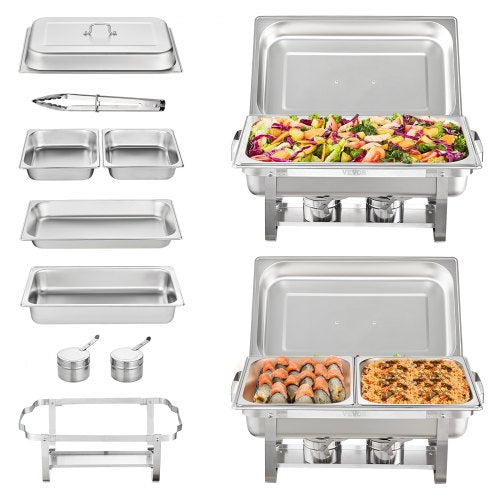 Two stainless steel chafing dishes with 8Qt full-size pans, half pans, lids, and stands.