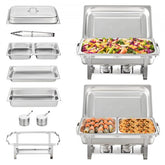 Two stainless steel chafing dishes with 8Qt full-size pans, half pans, lids, and stands.