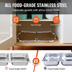 Two full-size 8Qt stainless steel chafing pans with foldable frame and half pans.