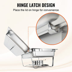 Stainless steel chafing dish with hinged lid latched open for convenience.