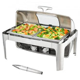 Bostome 9 Qt rectangle roll top chafing dish with visual glass lid and stainless steel construction.