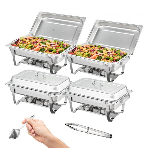 Stainless steel 8Qt chafing dish set with foldable frames and hinged lids for easy transport.