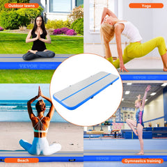 Blue 10ft inflatable gymnastics air mat, 4 inches thick, with anti-slip surface and pump.