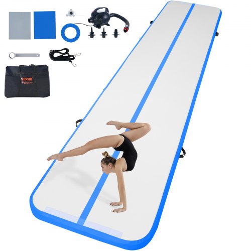 Blue 16ft inflatable gymnastics air mat with pump and reinforced seams for durability.
