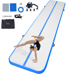 Blue 16ft inflatable gymnastics air mat with pump, designed for safe home training.
