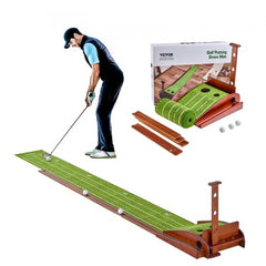 Indoor golf putting mat with fiber velvet surface and auto ball return feature.
