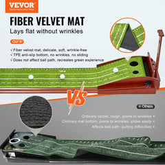 Indoor golf putting mat with two holes, fiber velvet surface, and auto ball return feature.