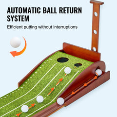 Indoor golf putting mat with two holes, fiber velvet surface, and auto ball return feature.